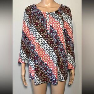 Notations Women's Blouse Size L Floral Tunic Roll Tab Sleeve 1/2 Button Closure